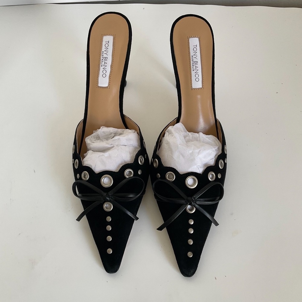 Tony Bianco Revolve Mule Heels Stiletto Shae Pointed Toe Dressy Bow Chic Size 7 - Picture 3 of 15